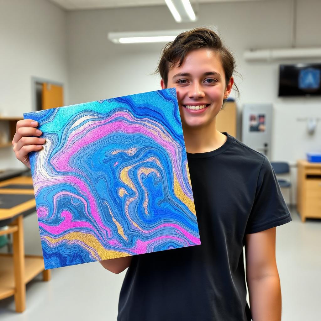 Estudiante mostrando muestra de epoxy